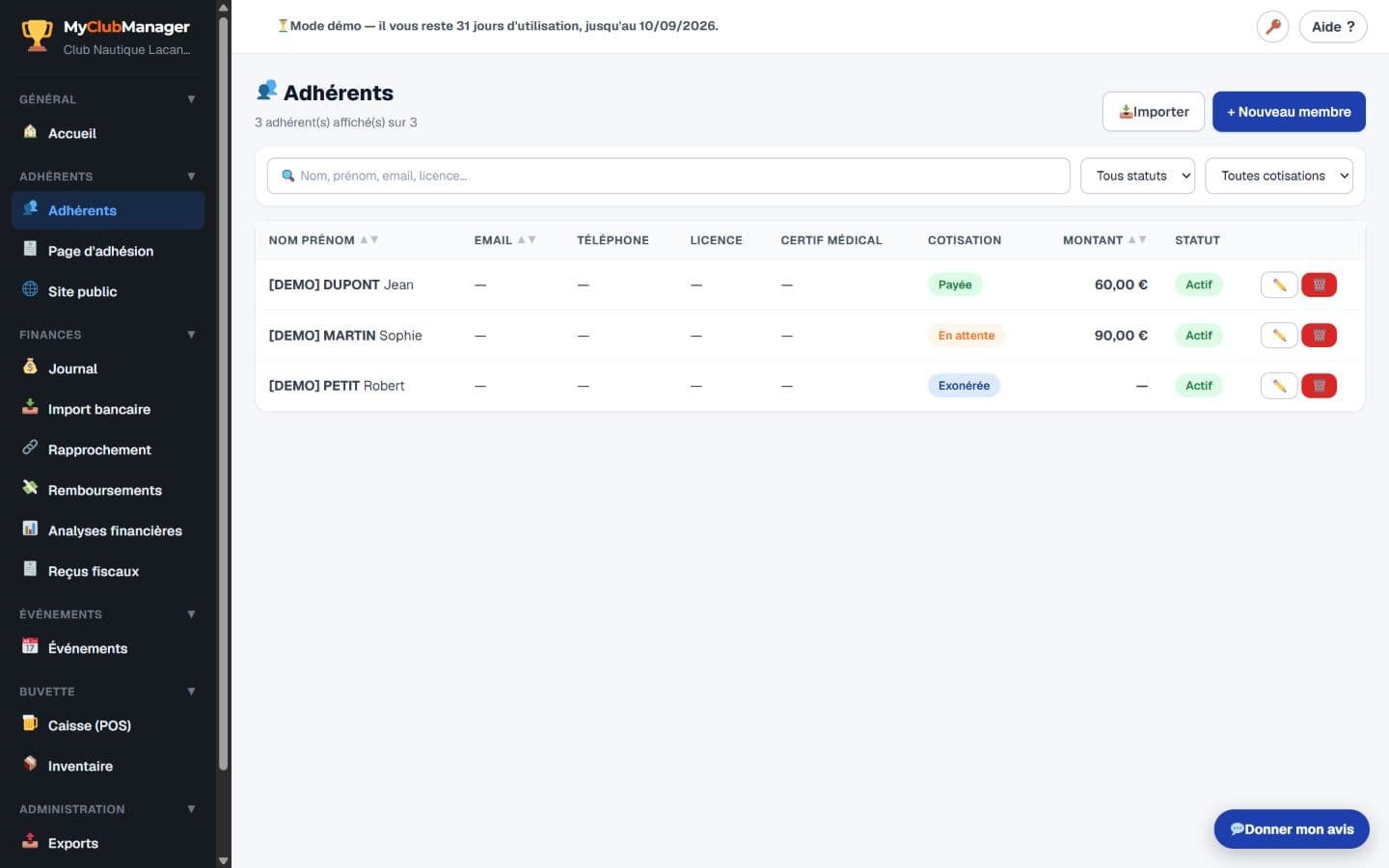 Capture réelle de la liste des adhérents MyClubManager