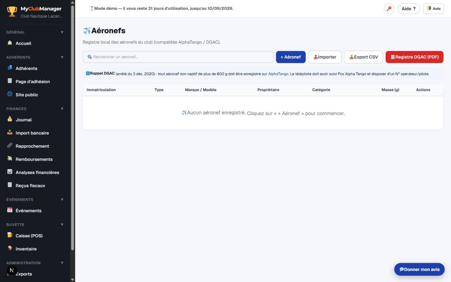 Capture réelle du registre des aéronefs MyClubManager