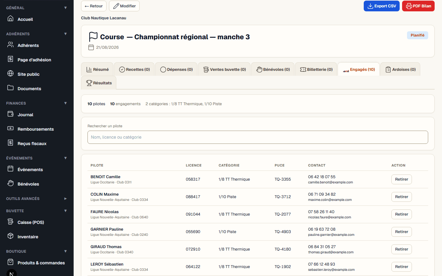 Capture réelle de la liste des pilotes engagés à une course RC dans MyClubManager